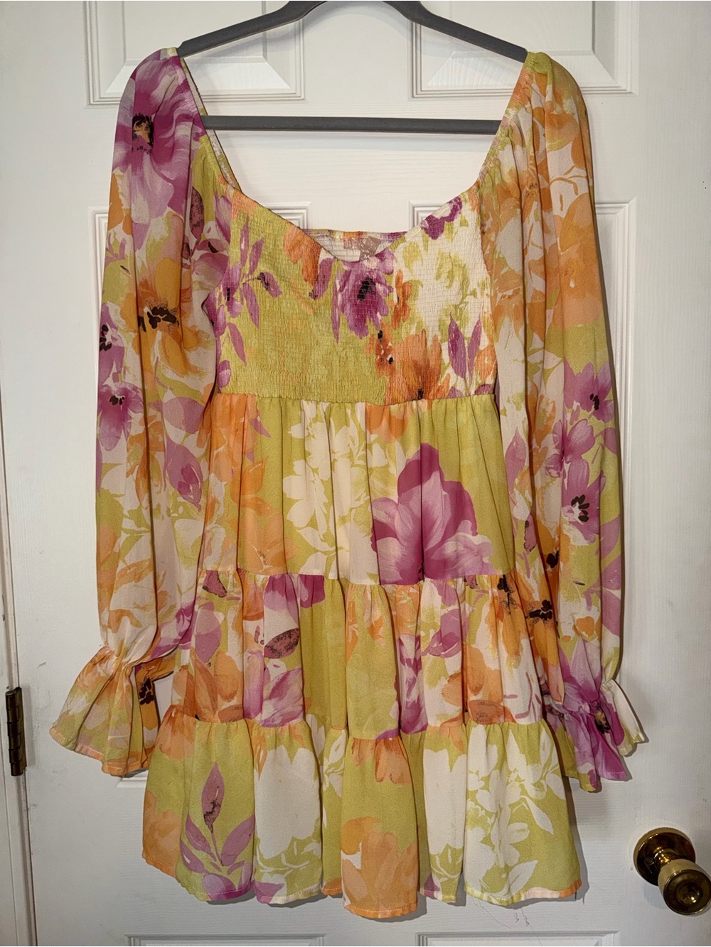 Love Colette Smocked Floral Tiered Mini Dress in Lime Green & Pink